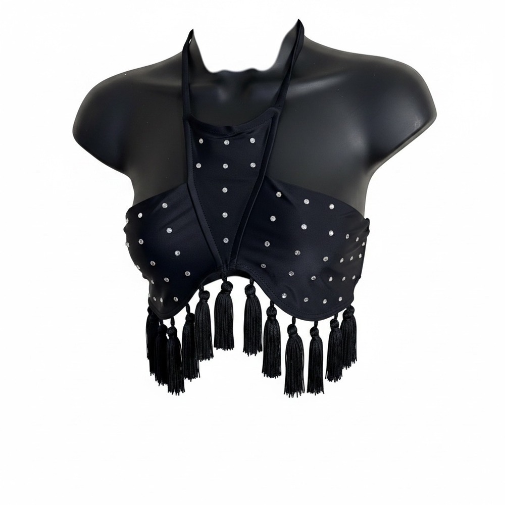 Beach Riot Bikini Top Women M Black Rhinestone Tassel Halter BR19808R2 Fringe
